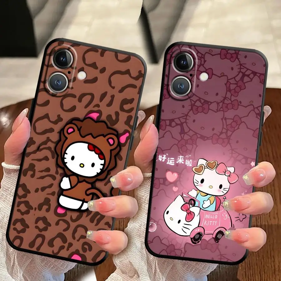 블랙 소프트 폰 커버 케이스 아이폰 15 16 14 플러스 XS 맥스 13 12 11 17 프로 맥스 7 8 XR 17에어 레오파드 키티 산리오