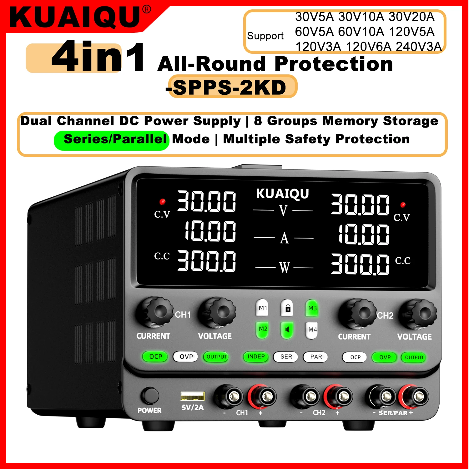 KUAIQU DUAL Power Supply 30V10A ,Series Parallel Connection(0-600W),Short Circuit Killer,Stable OUTPUT,Adjustable power supplies