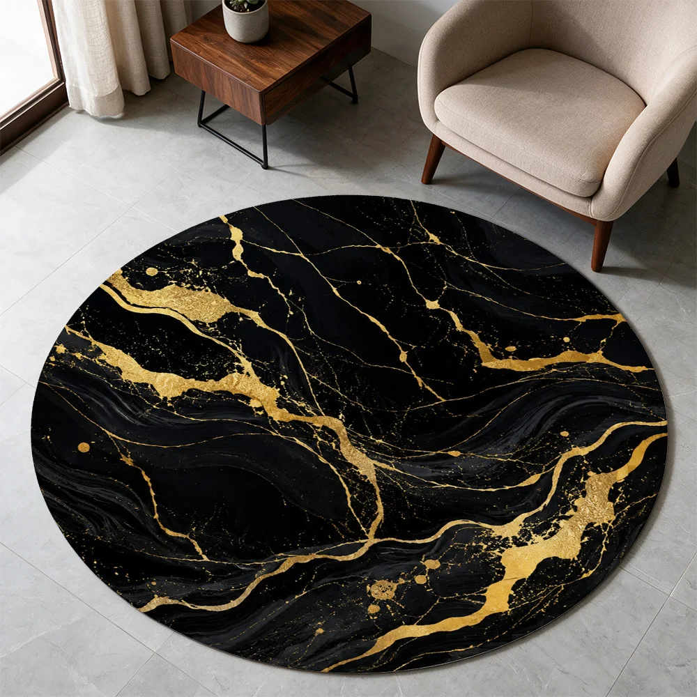 Luxury Black Gold Marble Round Area Rug Modern Home Decor Entrance Mat Stylish Living Room Floor Runner
