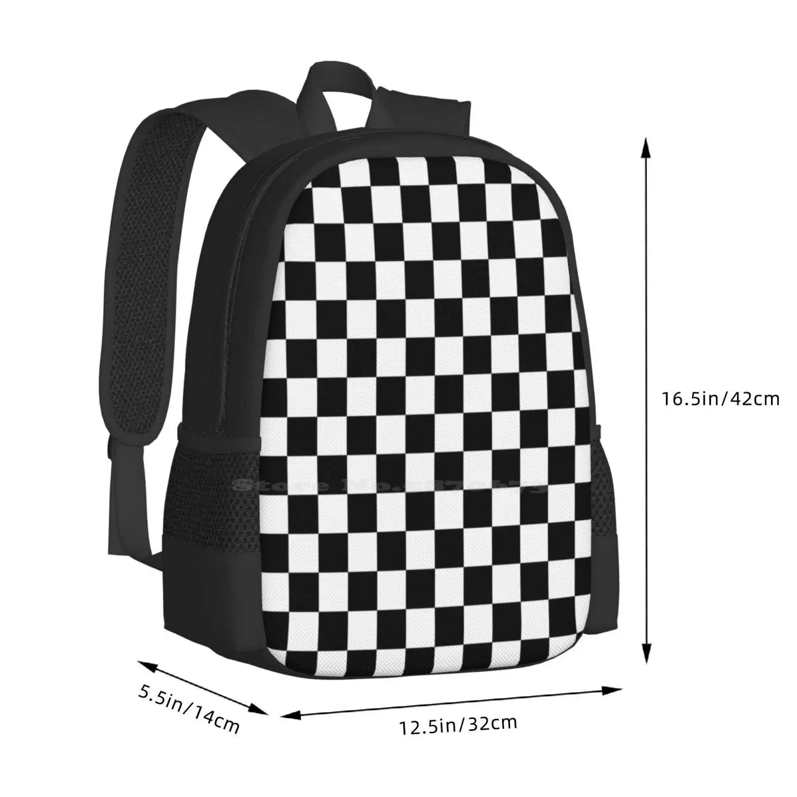 Checkerboard Pattern ( Black / White ) 3D Print Design Backpack Student Bag Black White Checkered Checkerboard Chess Racing