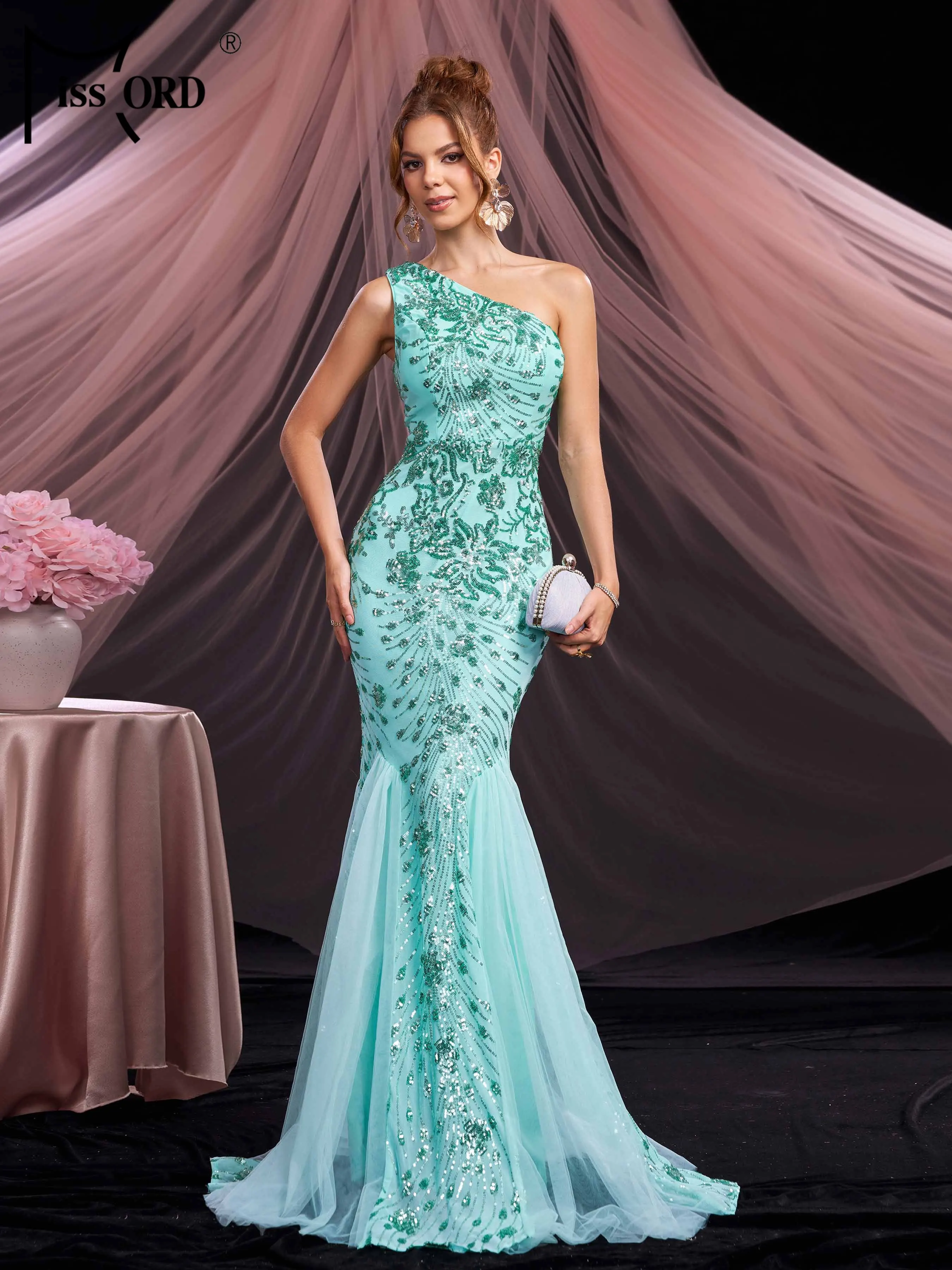 

Missord New Church Dress One Shoulder Sequin Cocktail Mermaid Evening Gown Wedding Birthday Party Formal Occasion Tulle Dresses