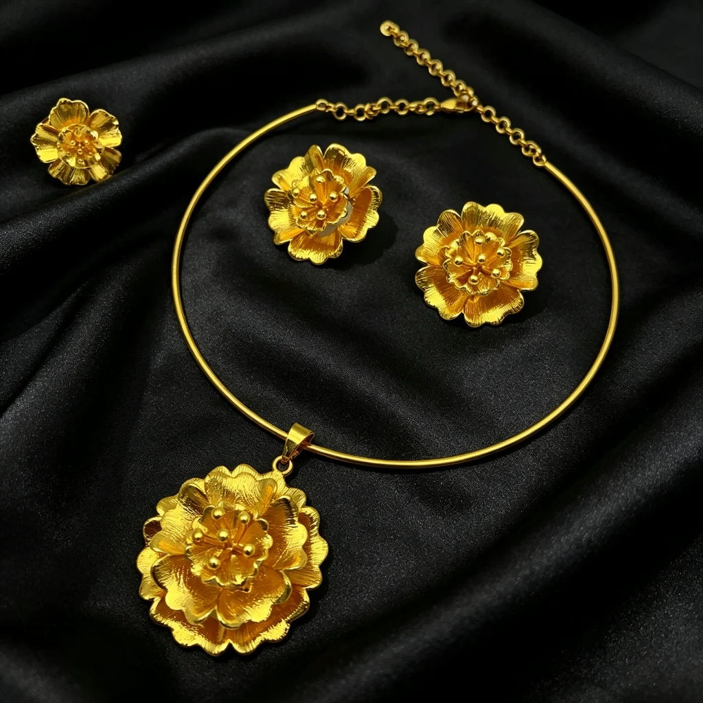 Brasilianisches 24k vergoldetes Halsketten- und Ohrring-Set für Frauen, Indisches Dubai Brautschmuck-Set, Hochzeitsgeschenk, Großhandel – Detail 1