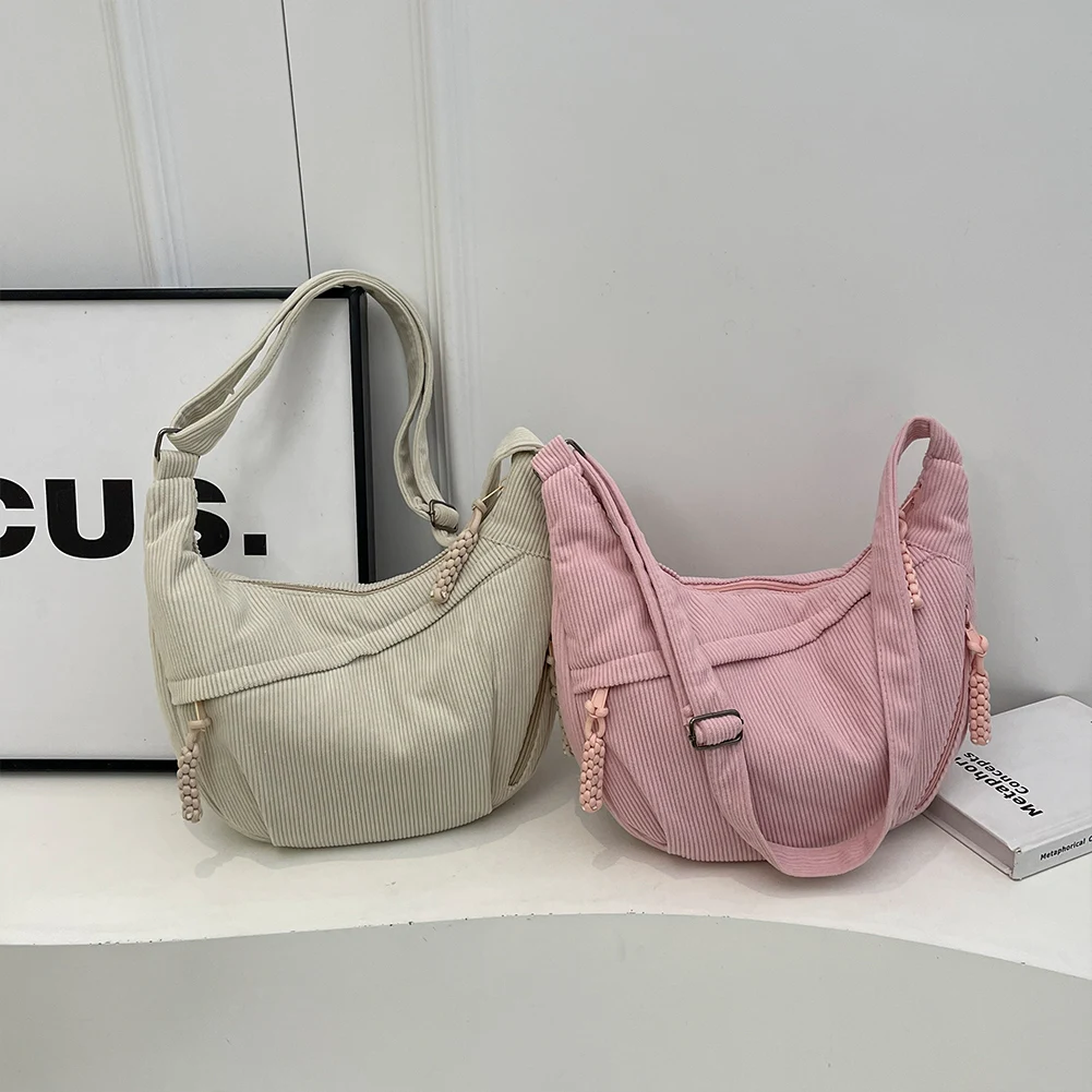 Corduroy Crescent Bag Solid Color Women Crossbody Bag Zipper Handbag with Pockets Bag for Travel Work