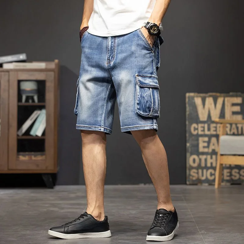 Celana pendek kargo Denim pria panjang selutut setengah panjang Bermuda celana Jeans pendek untuk pria dengan saku biru mewah Jorts tipis pakaian jalanan Xl