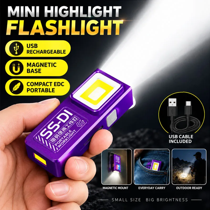 Wearable Cap Clip EDC Flashlight USB-C Charging COB LED Torch with Red Blue Warning Lamp Portable Pocket Light for Camping