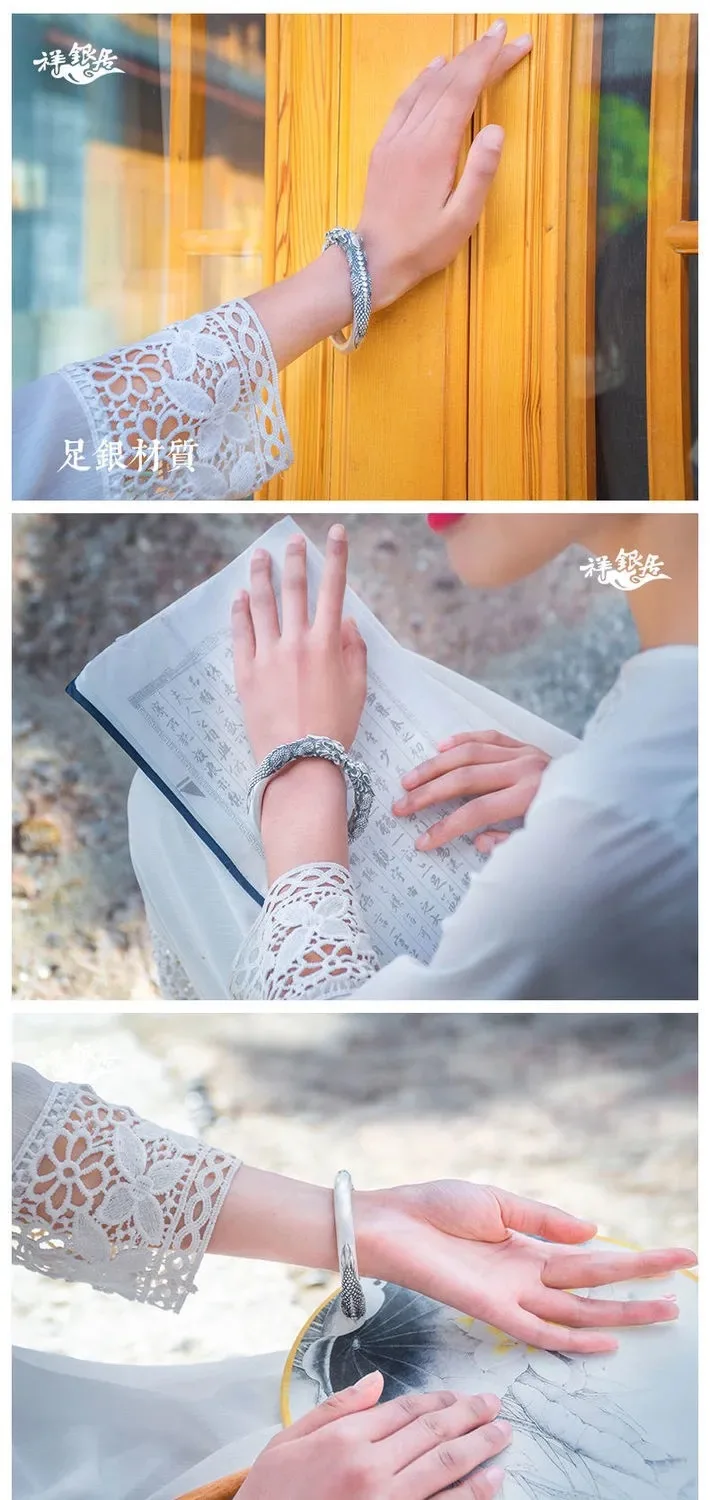 Fashion Zhaocai Wide Face Double Pixiu Pure Silver Bracelet Vintage Personalized Open Bracelet with Old Men's Chinese Style