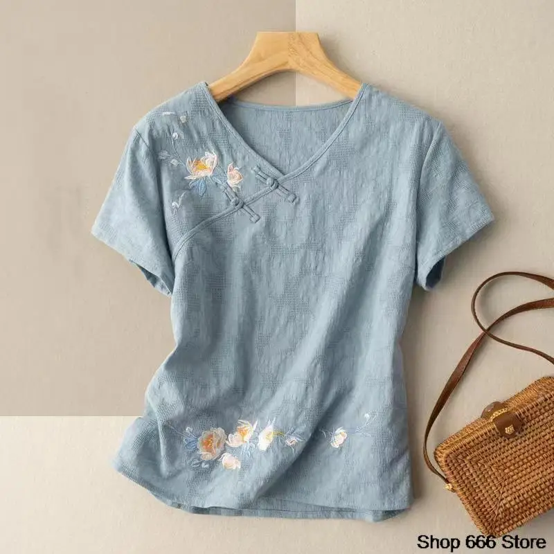 China Style Spring Summer Printing T-shirt Loose Top Oriental Female Clothes Chinese Blouses for Women Retro Cotton Linen Shirt
