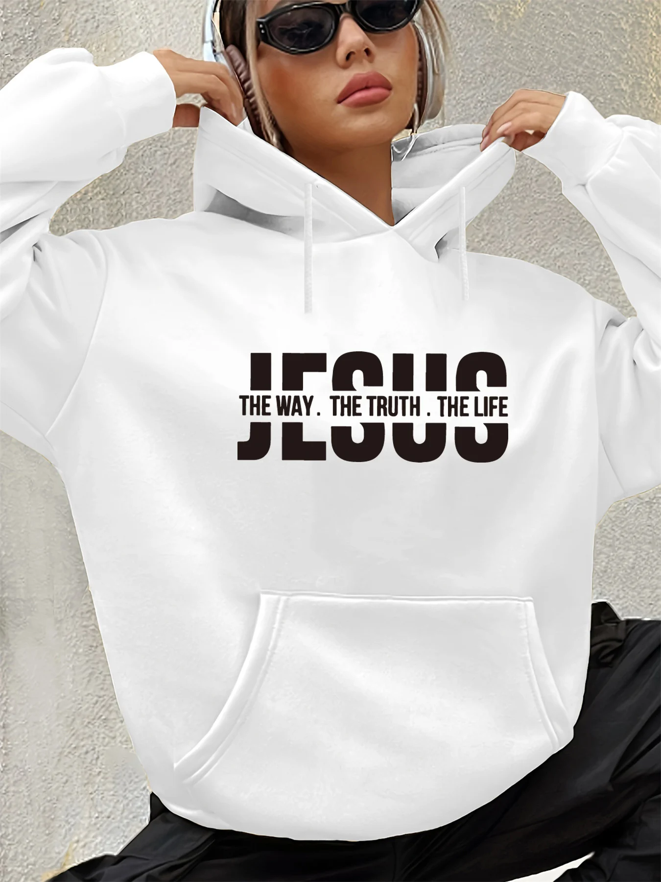 سترة نسائية للخريف والشتاء دافئة وفضفاضة كاجوال مطبوعة بحروف يسوع من جلد الغزال بأكمام طويلة وغطاء للرأس #4