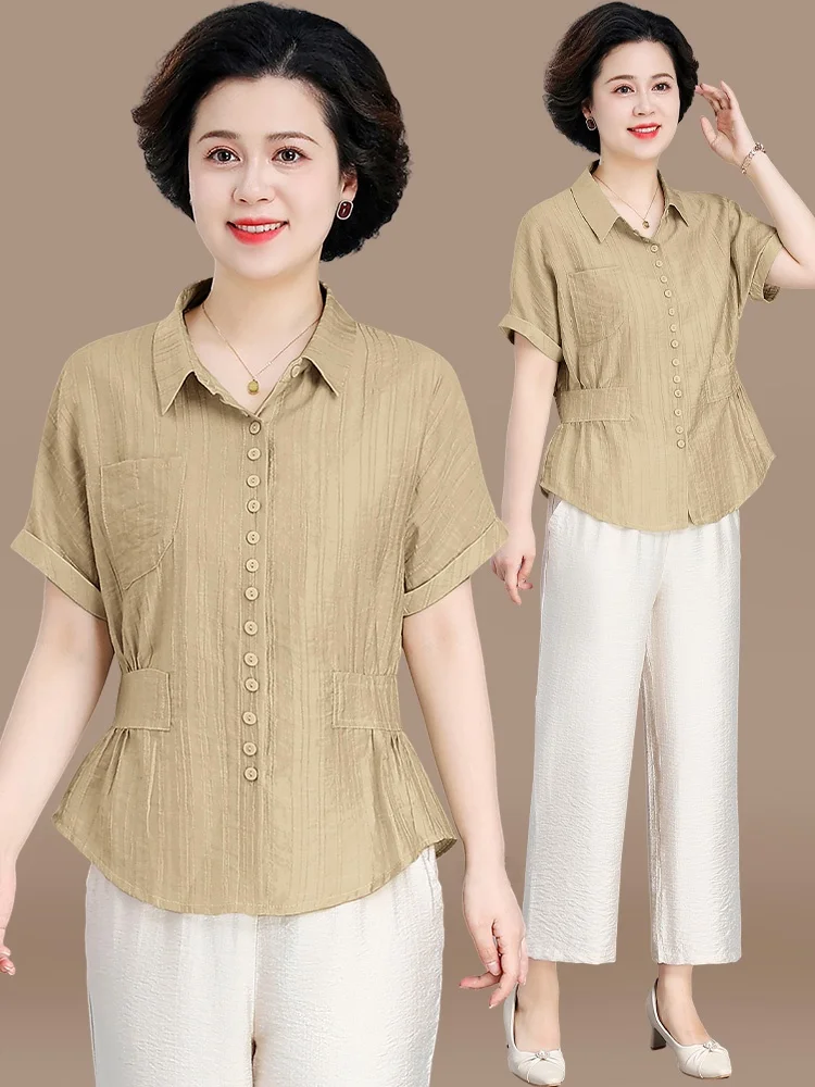 

Модный летний комплект из хлопка и льна для мам: элегантный женский костюм с коротким рукавом для женщин среднего и старшего возраста.