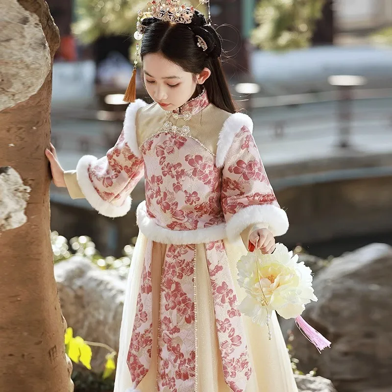 

Winter New Warm Thick Qipao Girls Hanfu Fairy Princess Kids Perform Dress Embroidery Greeting Vestido Chinese New Year Clothing