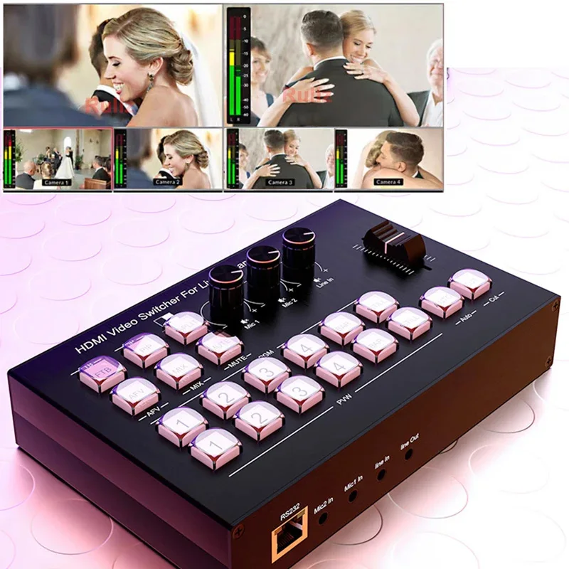 4K Video Mixer Switcher 4 CH HDMI Multi Camera Streaming Live Production Broadcasting Station Support Video Capture Record PIP