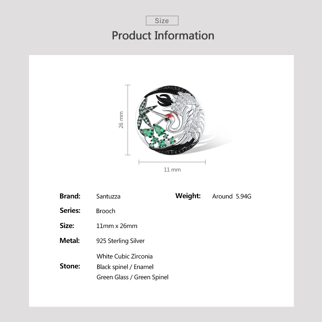 SANTUZZA Pure 925 Silver Brooch For Women Shiny White CZ Green Black Spinel Lively Red-Crowned Crane Party Gifts Fine Jewelry image 3