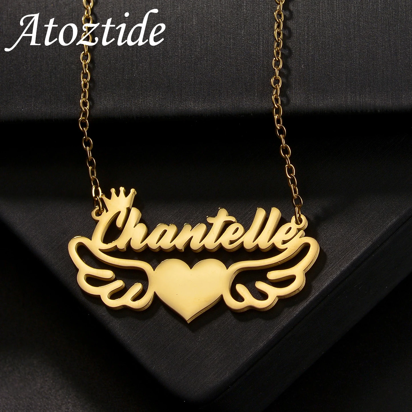 Atoztide Personalized Custom Name Necklaces for Women Heart Wing Pendant Stainless Steel Link Chain Christmas Jewelry Gift