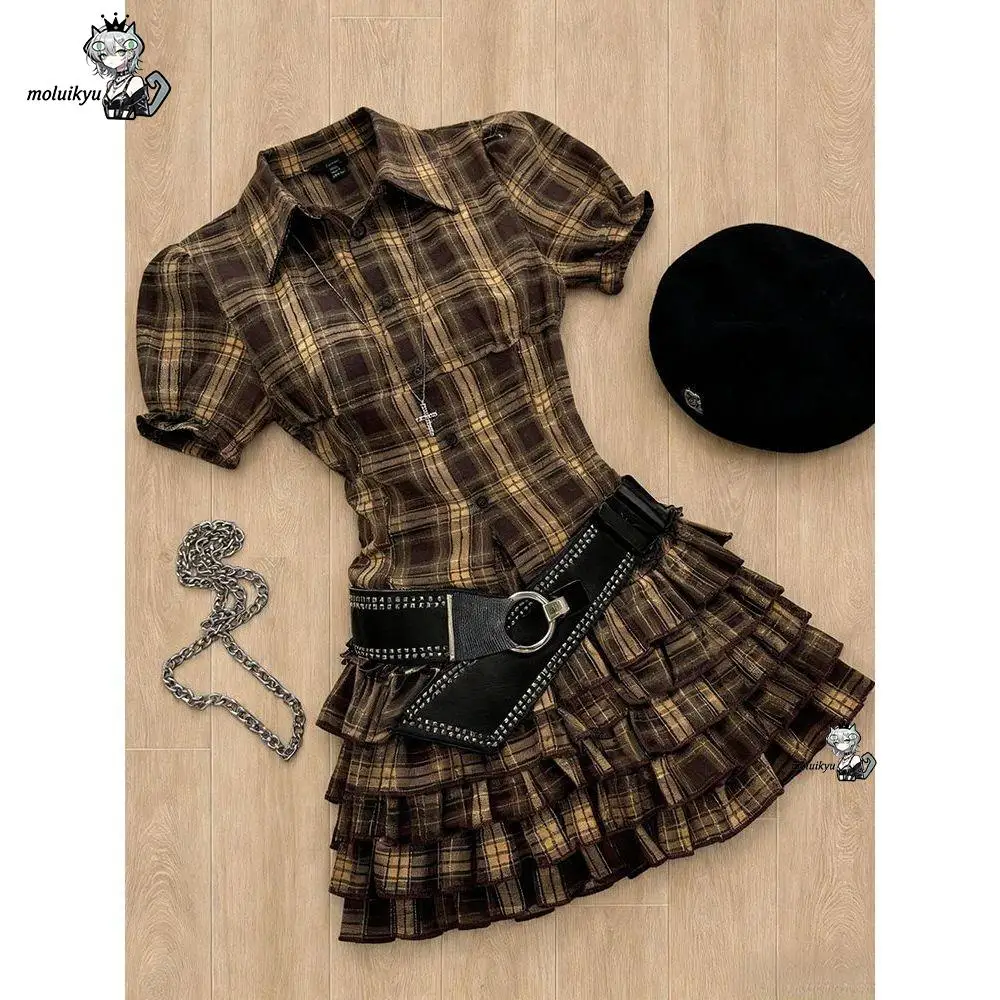 Y2K Grunge Brown Plaid Shirt Dress Women Puff Short Sleeve Collar Tiered Ruffle Mini Dress Gothic Vintage Streetwear Dresses view 2