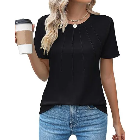 Womens Casual Crew Neck Short Sleeve Pleated Tops Blouses Fashion Clothes