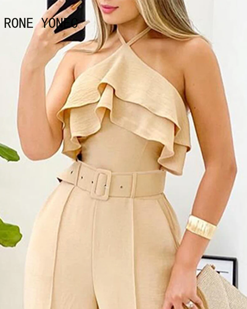 Women Solid Halter Cascading Ruffle Hem Sleeveless with Belts Two Pieces Sexy Pants Sets