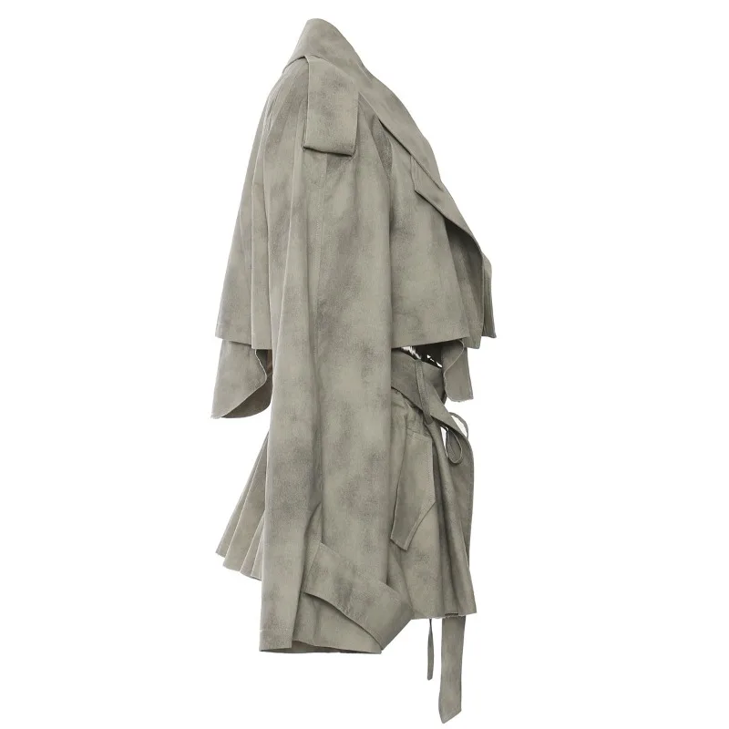 Camouflage printed ink-wash printed jacket, trench coat + skirt casual set