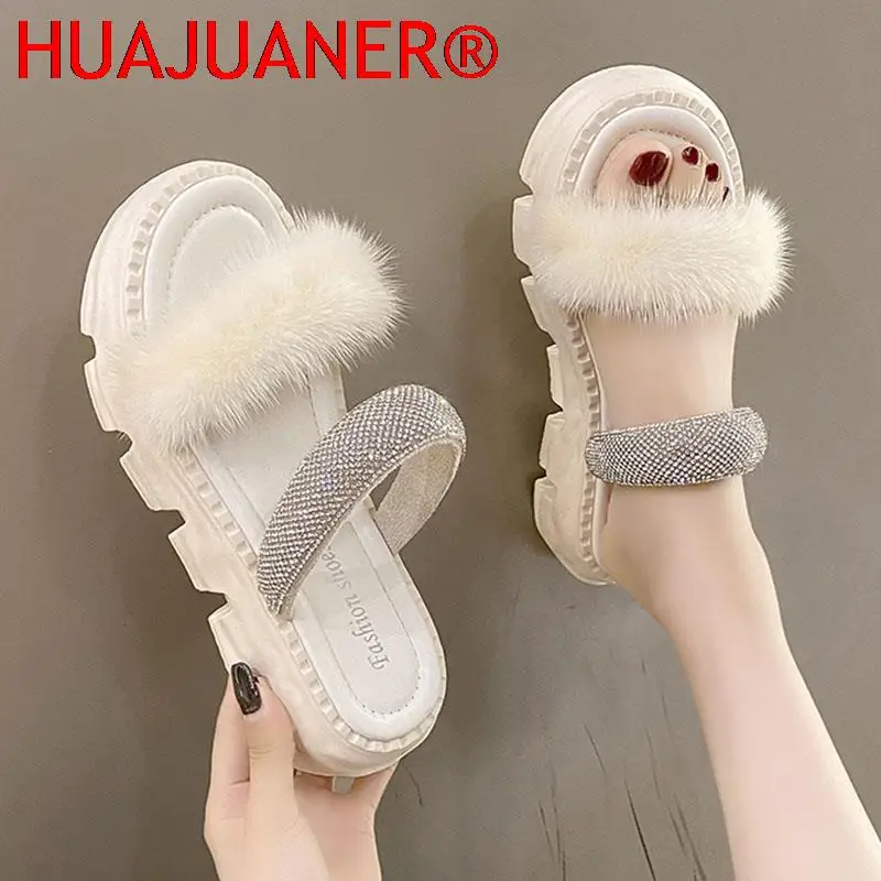 

Bling Crystal Platform Slippers Women 2023 Summer Fashion Faux Fur Chunky Sandals Ladies Thick Sole Non-slip Casual Slides Woman