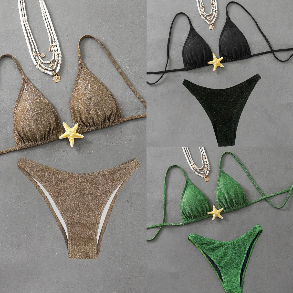 

2025 Summer New Rear Lace-up Starfish Accessories Bikini Sexy European and American Beach Split Swimsuit Bathing Suit