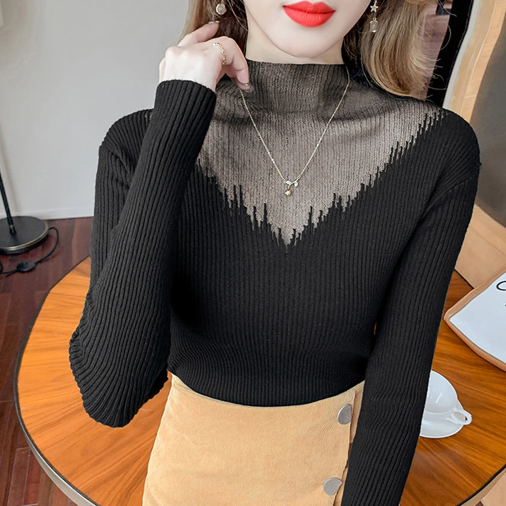 S-2XL Sexy Women Transparent Knit T Shirt Autumn Lace Patchwork Expose T-Shirt Sweater Turtleneck Elastic Shirt Top Black White