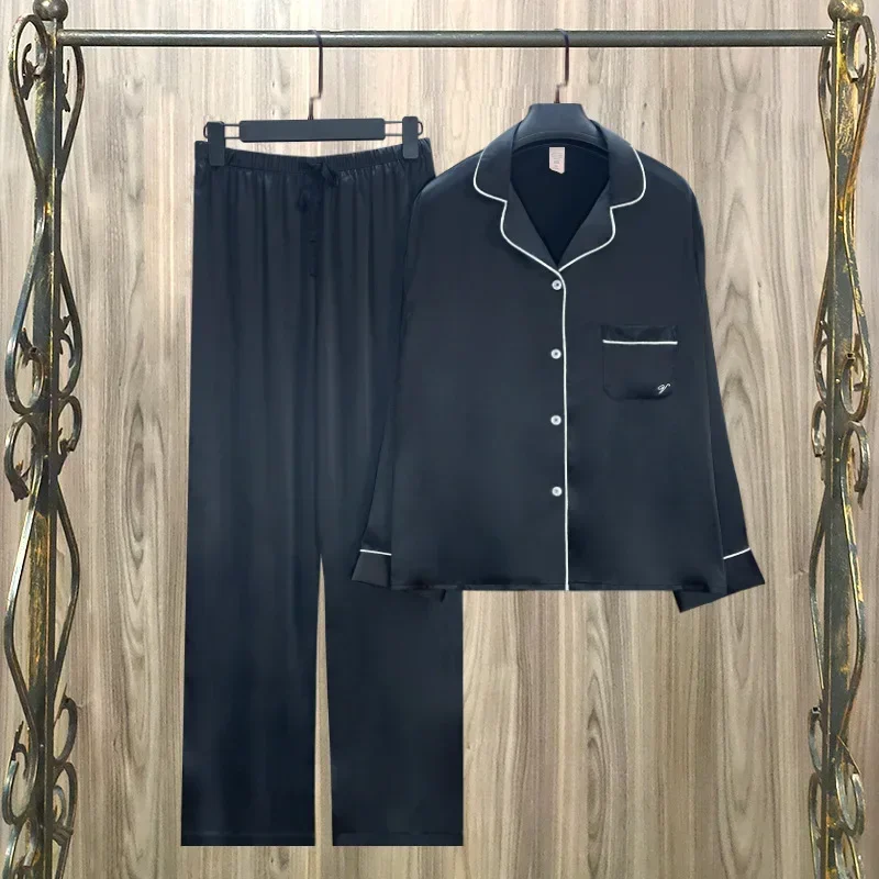 Conjunto de pijamas de seda gelo feminino, pijama preto, letra V, calça de manga comprida, conjunto minimalista confortável, roupa de casa feminina, pequeno, 2022