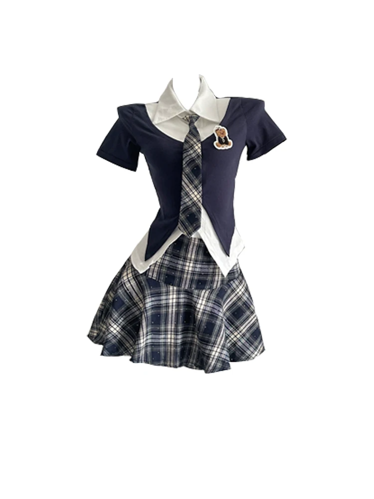 

plus Size Summer College Style JK Uniform Spicy Girl Color Block Plaid Skirt Versatile Set Short Sleeve Neck