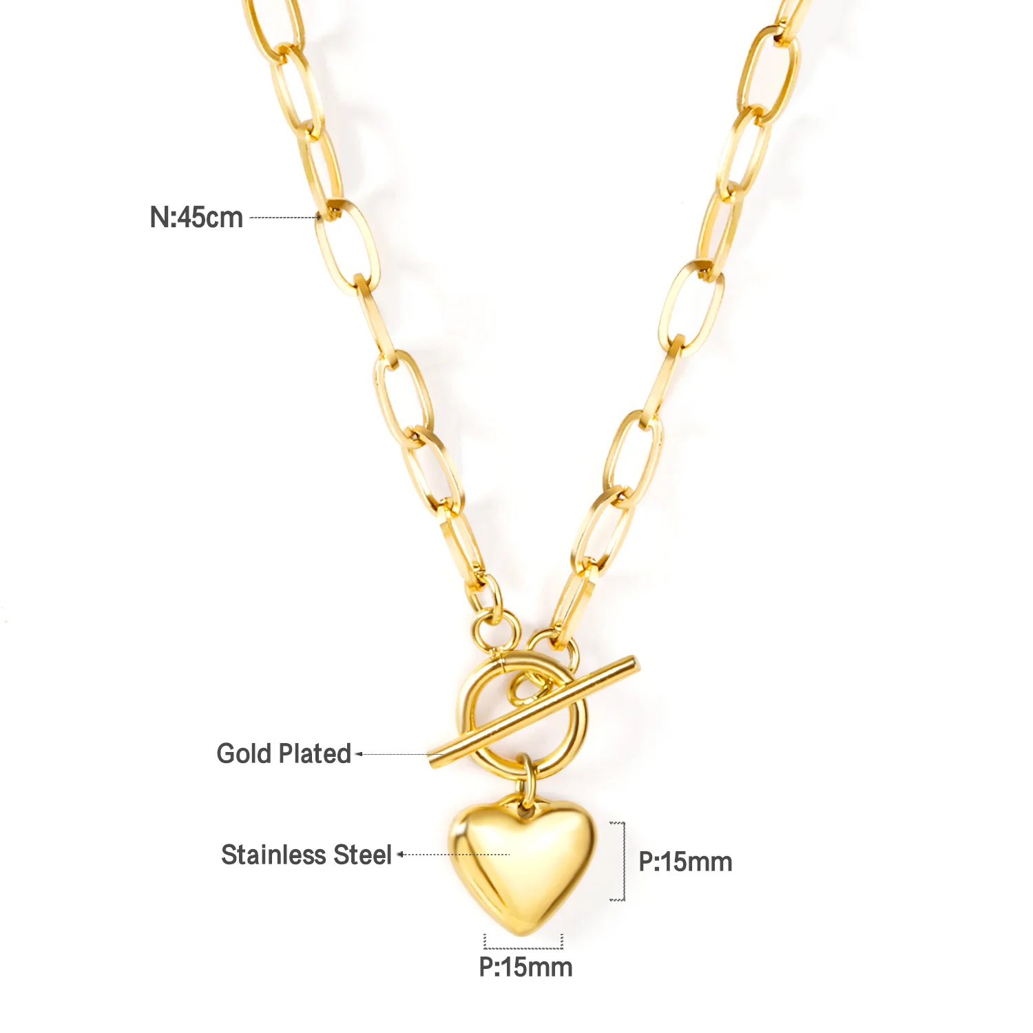 Fashion Heart-Shaped Pendant Paperclip Chain OT Buckle Necklace Minimalist Personality Cool Necklace Women's Jewelry