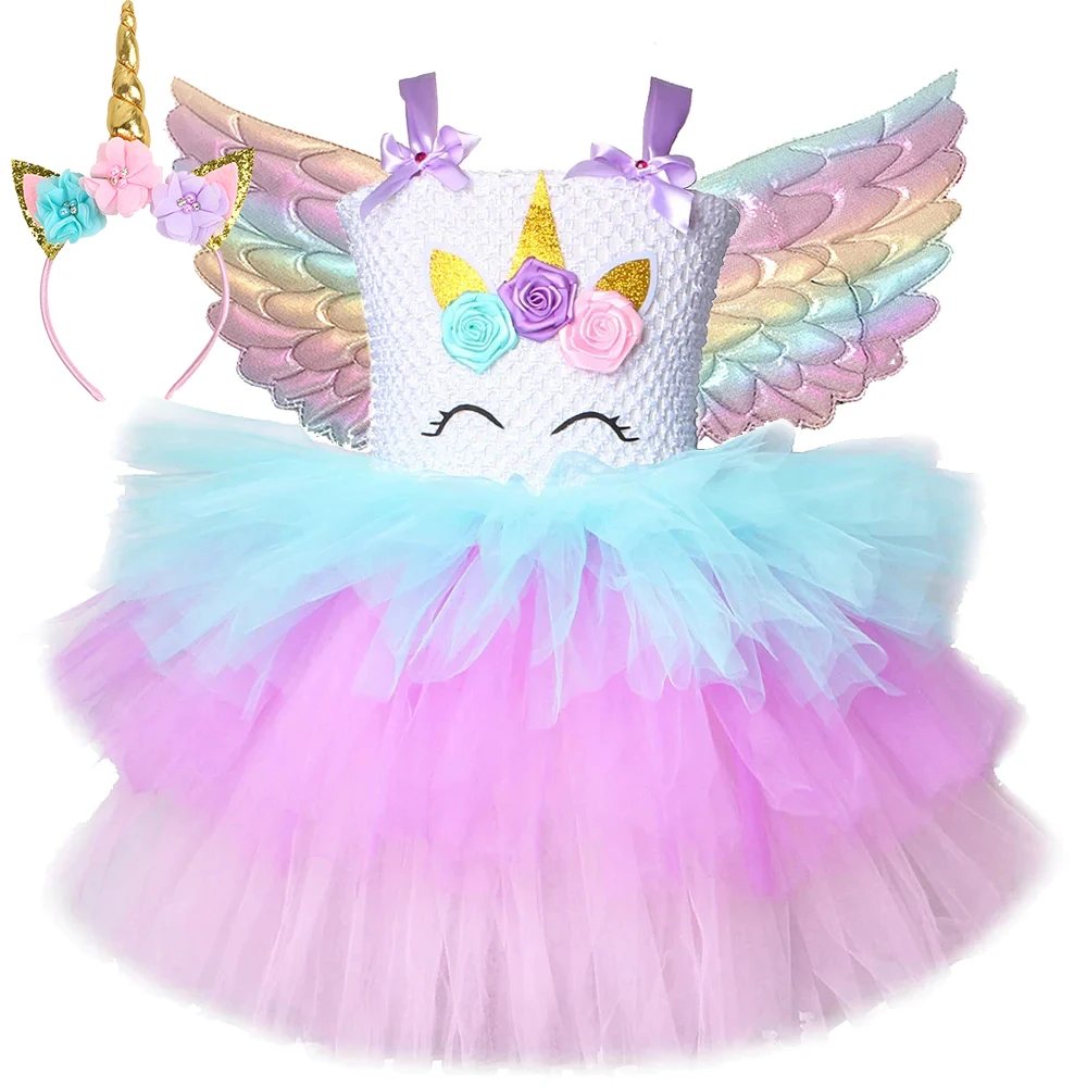 

Fluffy 3 Layers Pastel Unicorn Costumes Girls Birthday Layered Princess Dresses with Wings Horns Kids Halloween Carnival Tutus