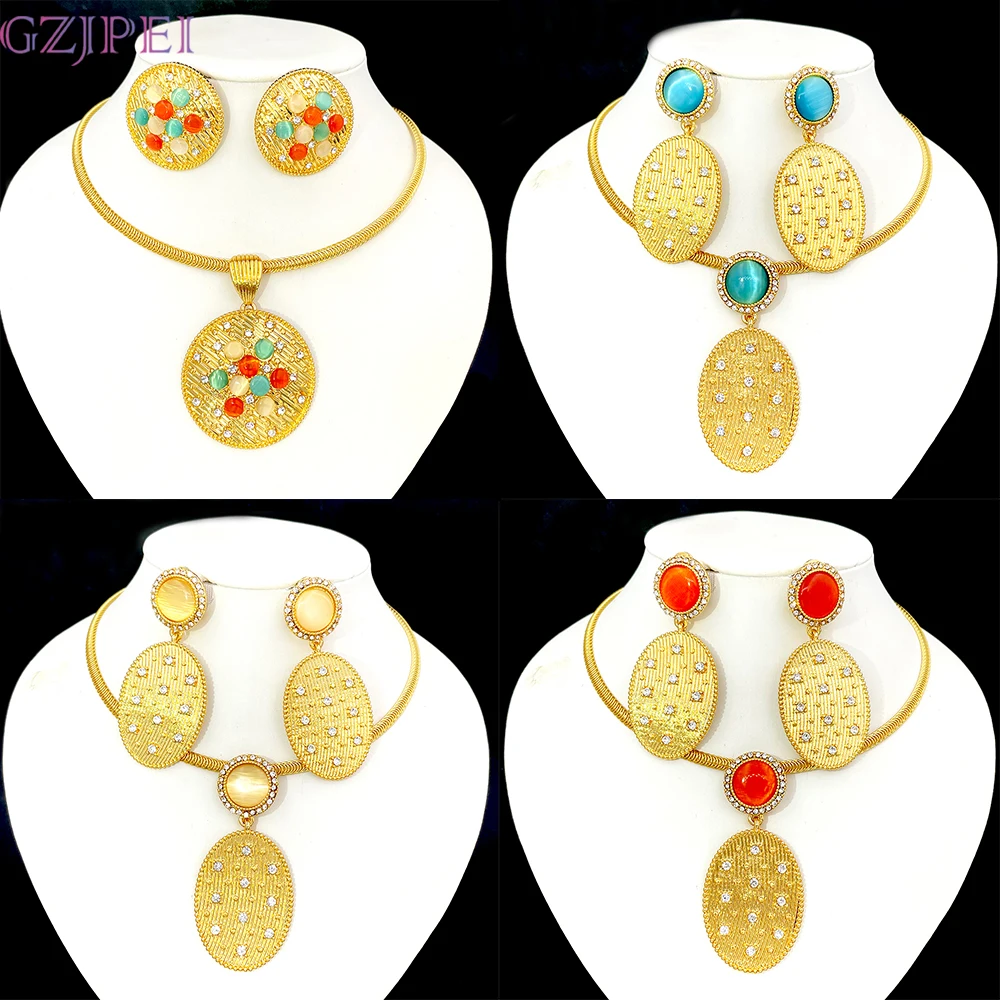 

2 Pcs/Set Dubai African Nigeria Bride Wedding Party Jewelry 18K Gold Plated Exaggerate Big Necklace Earrings Set 2025 New