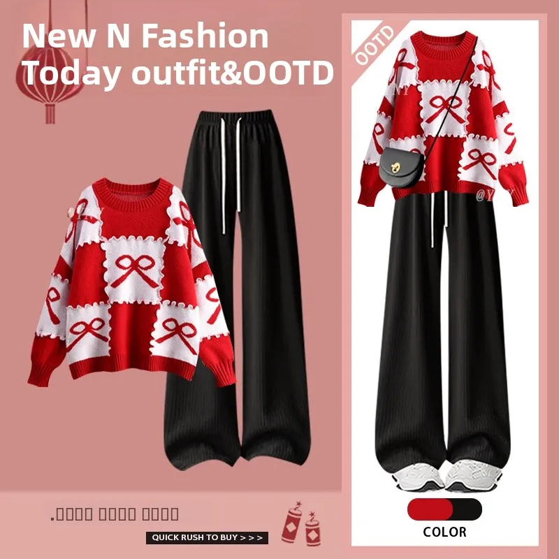 

Модный вязаный свитер и брюки с широкими штанинами, красный дизайн, зимний женский комплект из двух предметов, новогодний стиль от Gujie Round Ne L