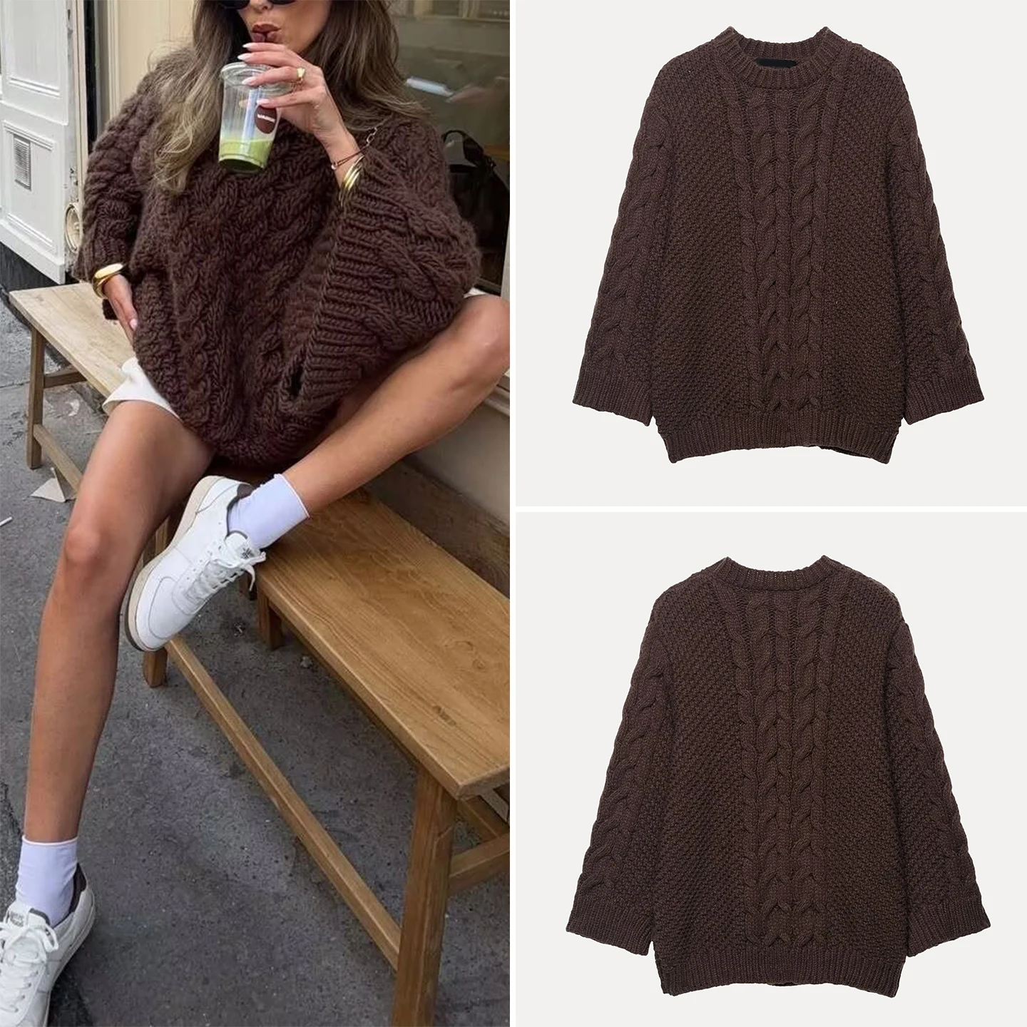 

Модный повседневный вязаный свитер с большими подошвами, универсальный сарафан, осень 2023, женский длинный свек из полиэфирного волокна, круглый Ne