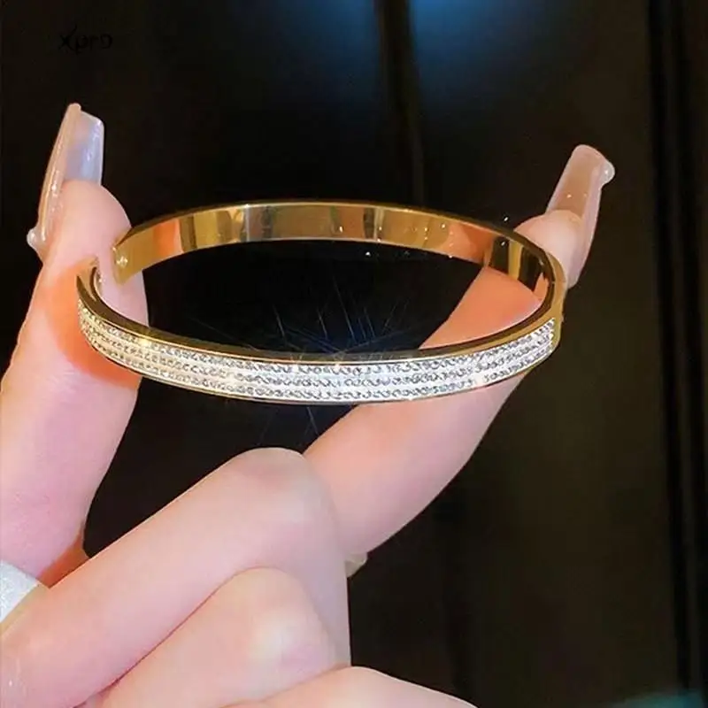 Elegant Classic Crystal Cuff Bangles Bracelets For Women Gold Color Simple Femal Opening Bangles Wedding Jewelry Accessories