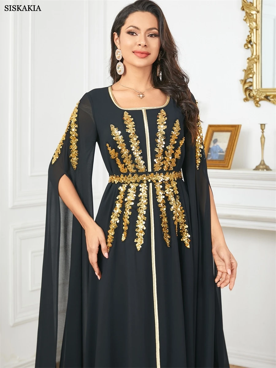 Sisakia luxe femme robe de soirée maille Super manches longues Abaya ceinture incluse paillettes Patchwork caftans femme