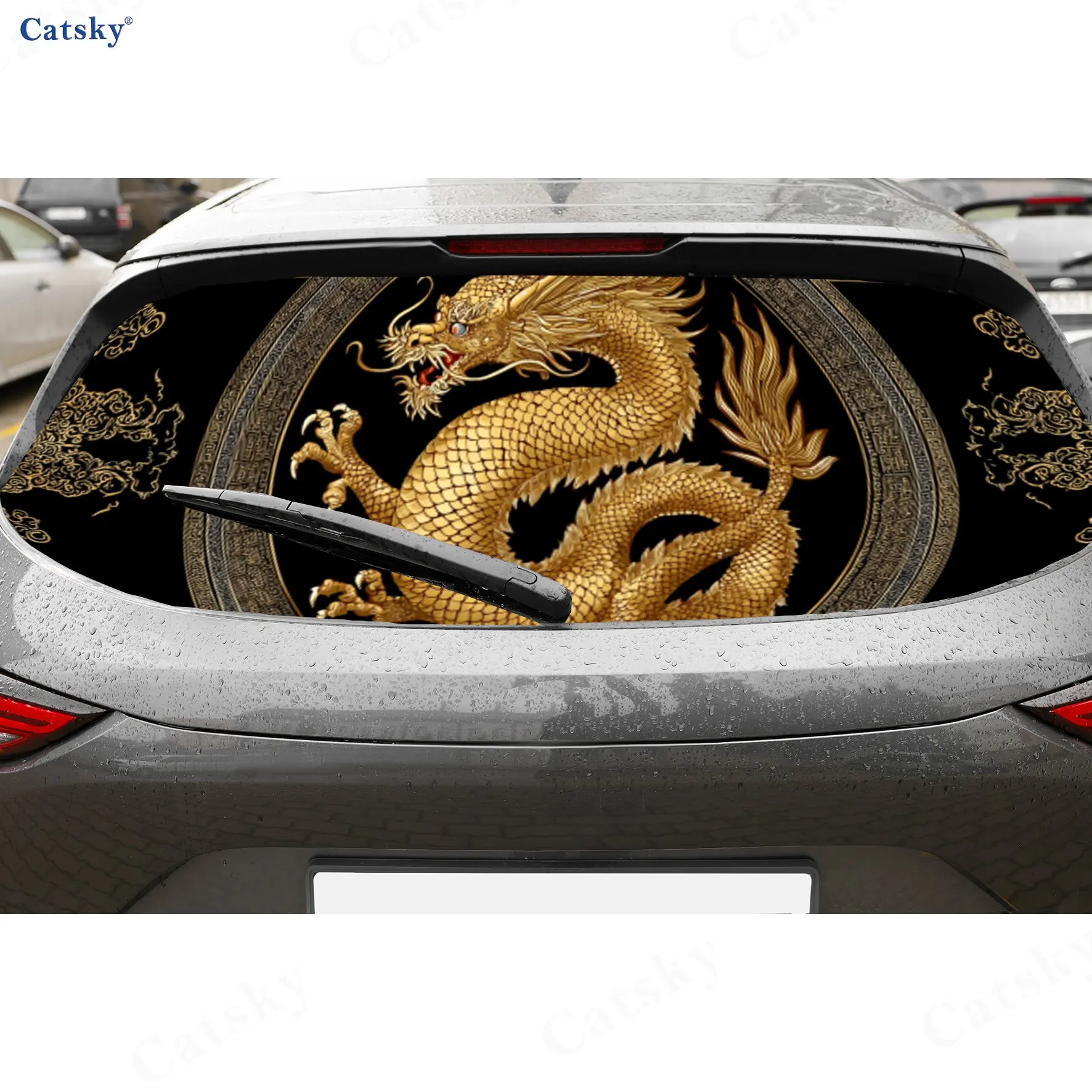 

Golden Chinese Dragon Traditional Dominant PVC Perforated Car Vinyl Wraps, Durable Car Rear Windshield Sticker, Waterproof Car R