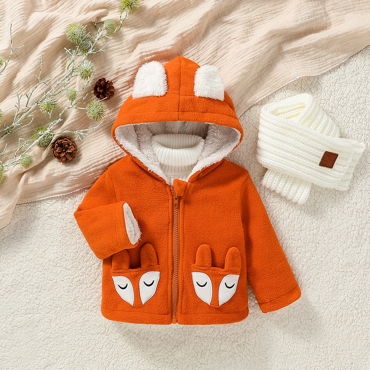 2024 New Style Baby Boys Cute Cartoon Pocket With Fox Long Sleeve Hooded Zipper Plush Warm Coat For 1-3Y Outdoor Streetwear