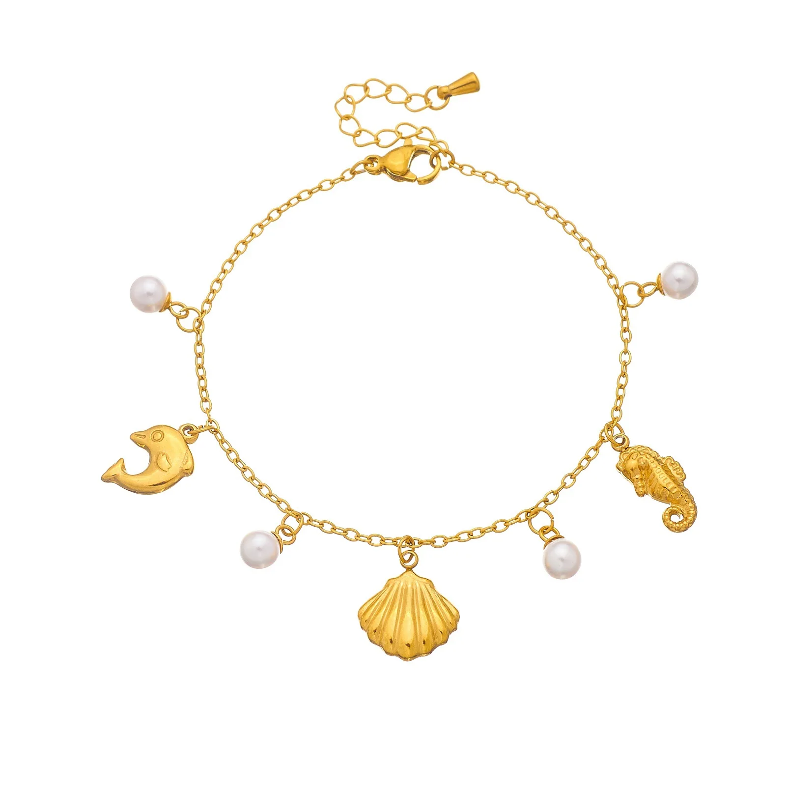 Trendy Gold Ocean Charm Bracelet Stainless Steel Pearl Dolphin Seahorse Shell Hypoallergenic Fade Resistant Summer Jewelry Gift