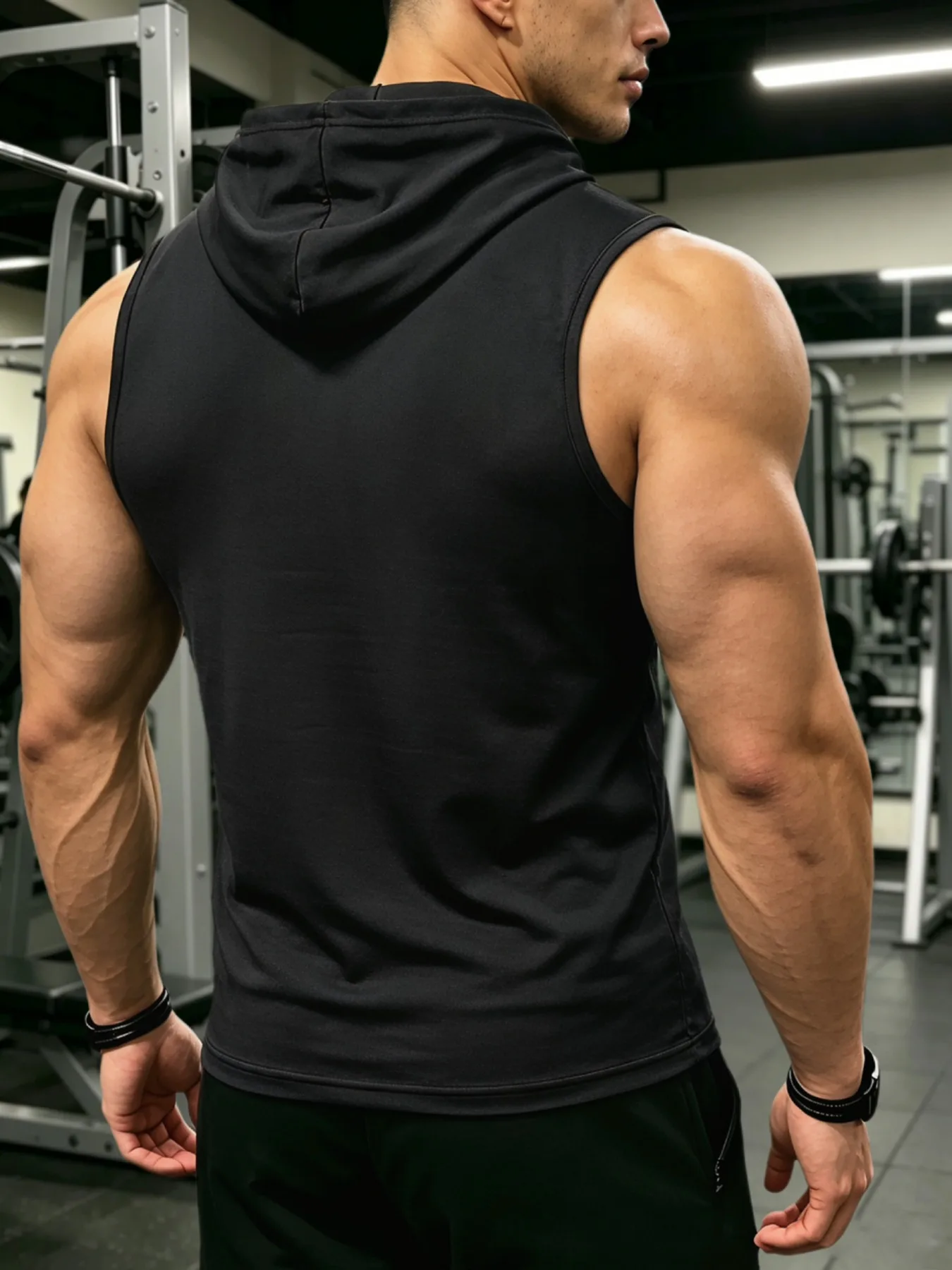 Outdoor Sports Mens Sleeveless Hooded Tank With Pocket Dumbbell Graphic Print Breathable Muscle Vest Gym Workout Running