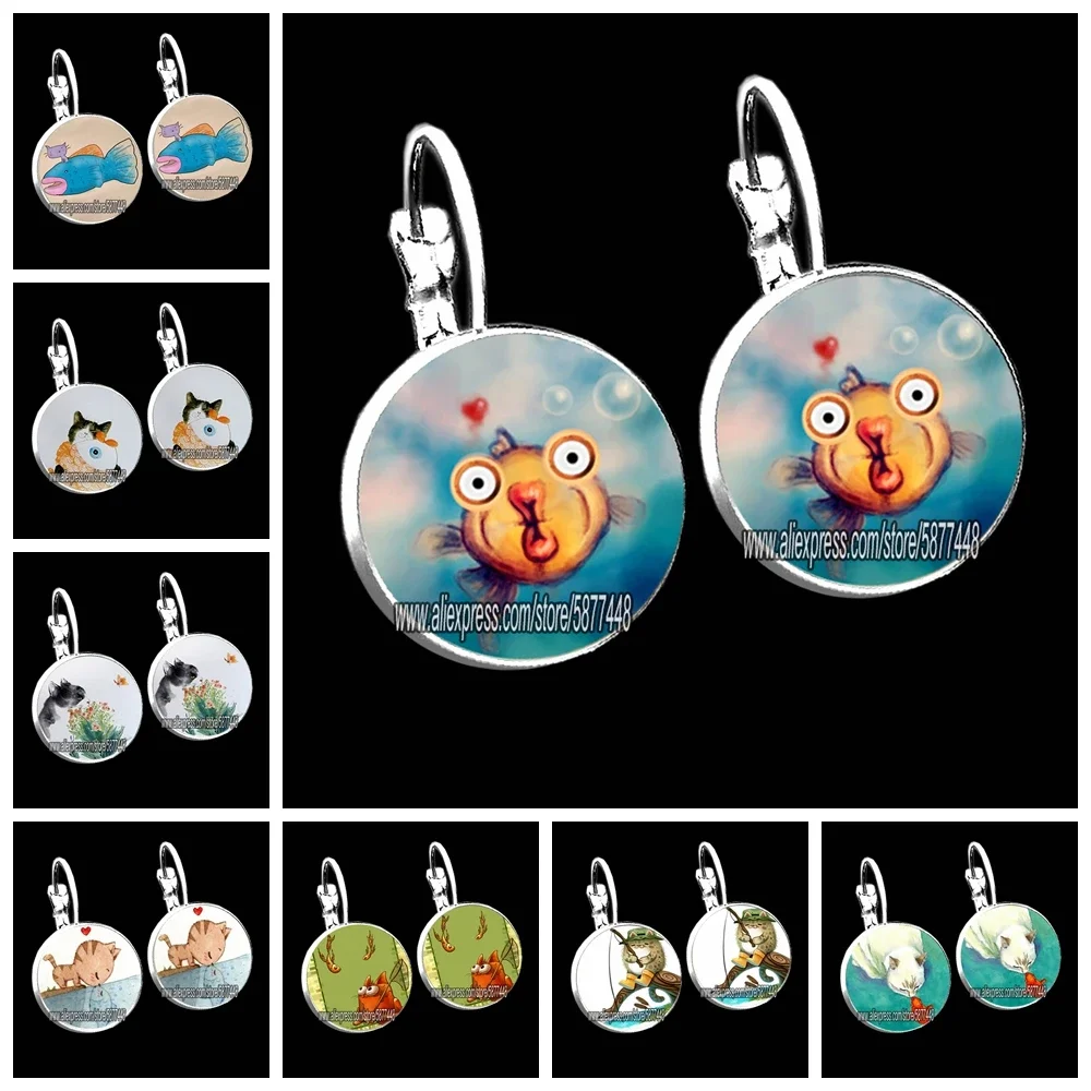 Naughty Cat and Fish Glass Dome Girl Stud Earrings Cute Cat Who Wants To Eat Fish Earrings for Women