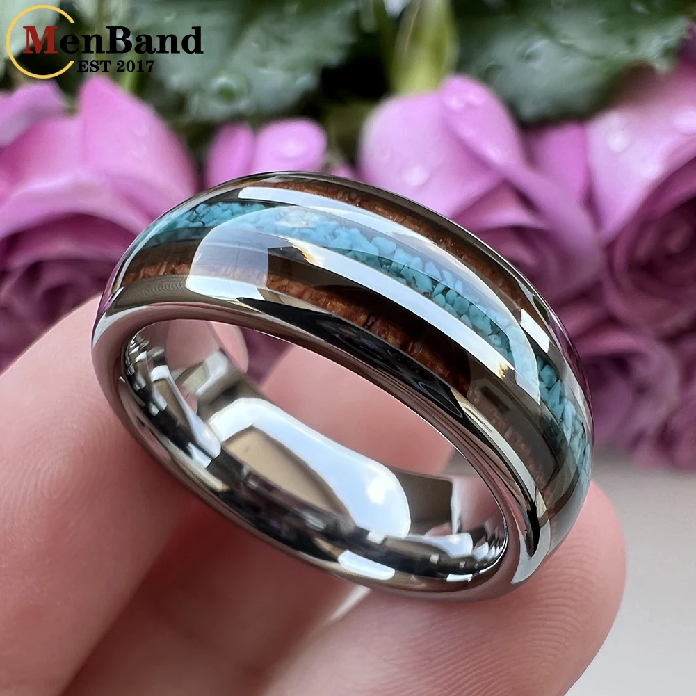 MenBand Fashion 8MM Men Women Black Tungsten Carbide Wedding Ring Crushed Turquoise And Koa Wood Inlay Domed Comfort Fit
