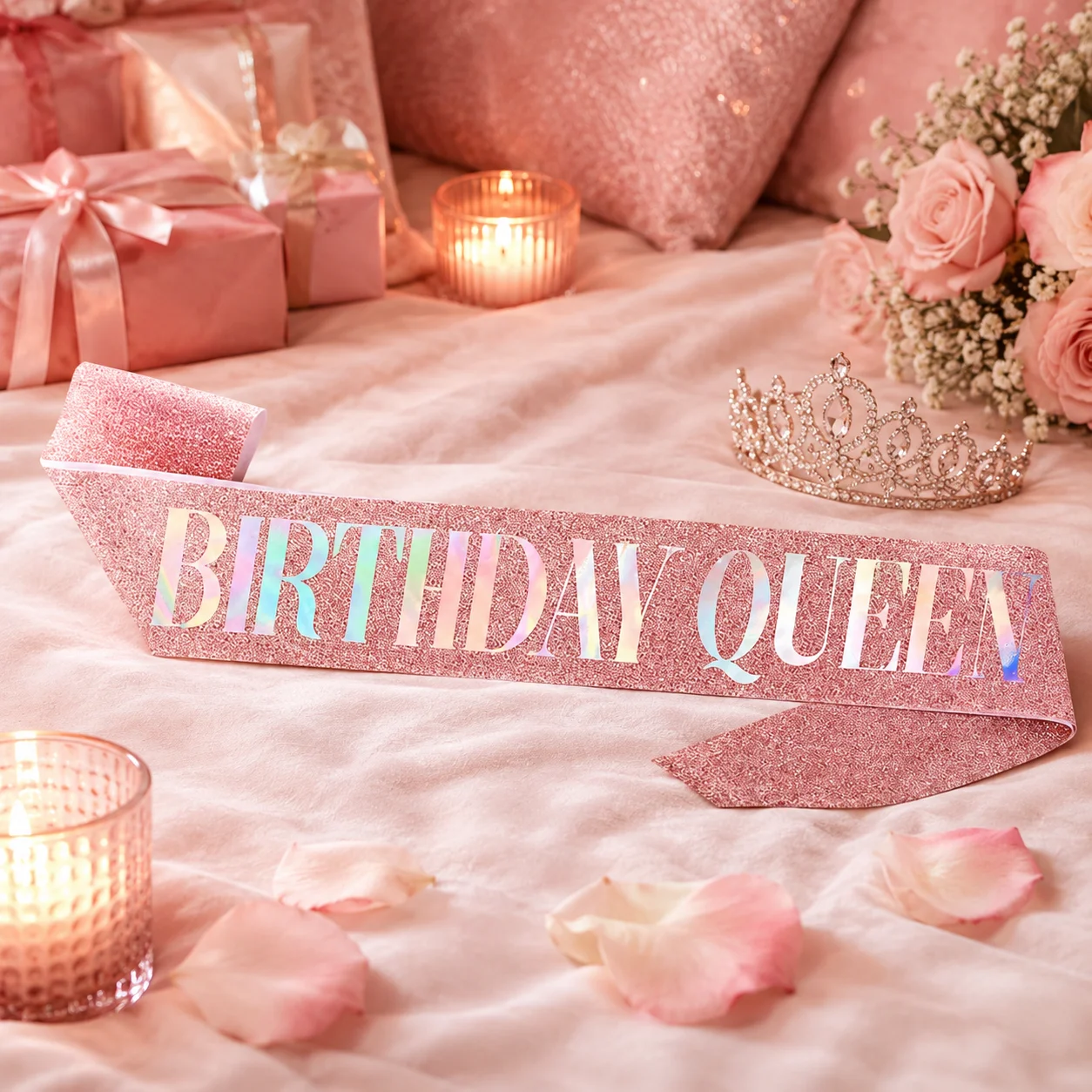 1PC Birthday Queen Sash for Women Pink Glitter Party , Holographic Birthday Girl Shoulder Strap for Birthday Party Decorations. image 3
