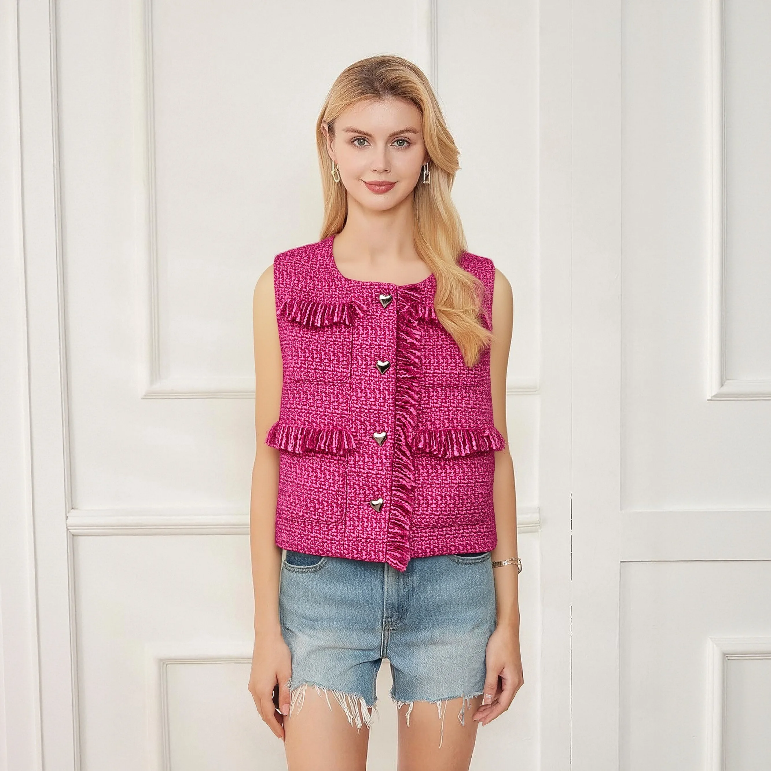 

Элегантный жилет с круглым вырезом в форме сердца и пуговицами, модный маленький ароматный стиль, Новое поступление для женщин