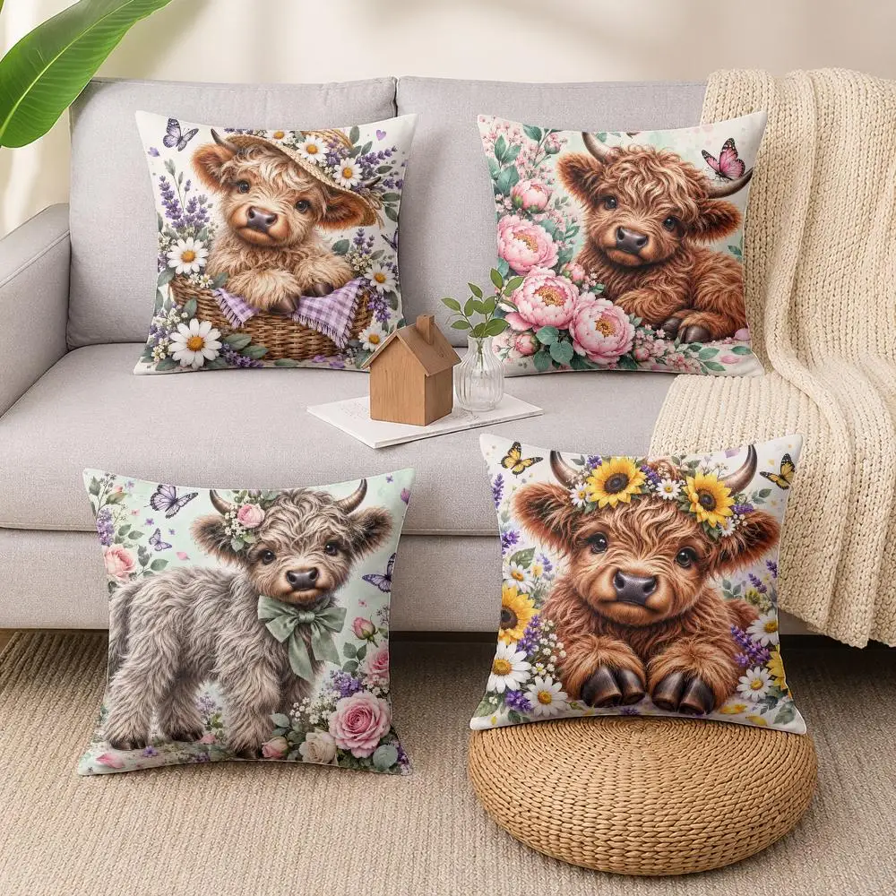 Highland Blossom Charm Cushion Cover Luxury Soft Plush Short Fur Cushion Case Warm Cozy Sofa Bed Decorative Home