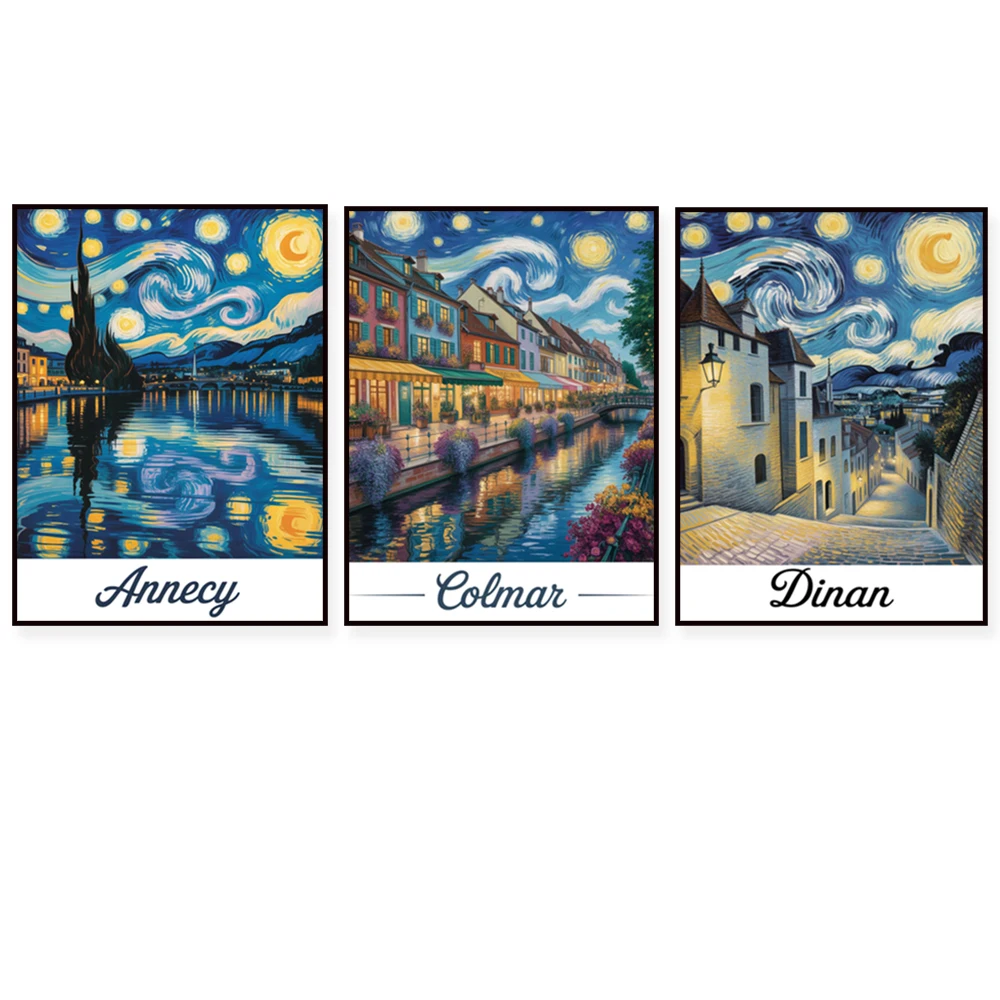 Besançon, Annecy, Dinant, Colmar, Saint-Malo, Rennes, Vannes, Nimes, Angers, Cassis Van Gogh affiche de paysage de nuit étoilée