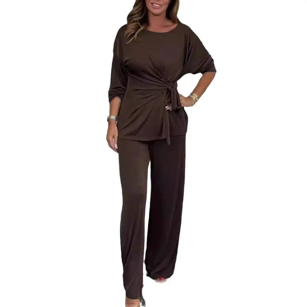 

Women's Solid Color Casual Fashion Lace-up Long Sleeve Top And Pants Suit Autumn Europe And America