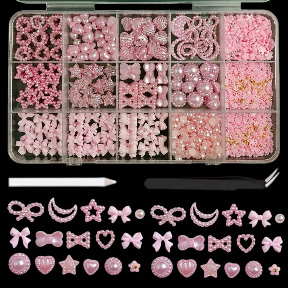 

1Box 3D Resin Pink Sweet Bow Mini Flower Nail Charms Simulated Circular Heart Pearl Nail Art Decoration DIY Crafts Accessories