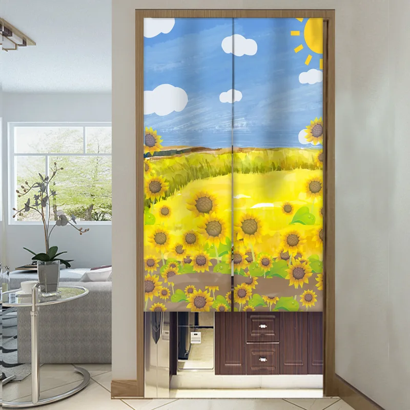 Sunflower Doorway Curtain Home Entrance Decor Floral Partition Linen Door Curtains for Kitchen Noren Curtains for Living Room