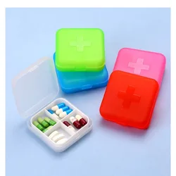Mini Plastic Pill Storage 4Grids Cross Print Pill Box Portable Pure Color Pocket Medicine Box Outdoor Home Pill Case