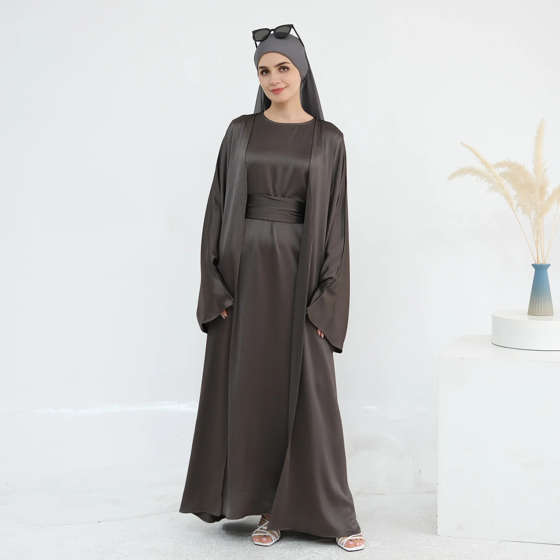 Conjunto de 2 piezas a juego Abaya abierto liso musulmán mujeres cárdigan vestido interior traje Dubai Kaftan árabe islámico bata Ramadán Kimono vestido