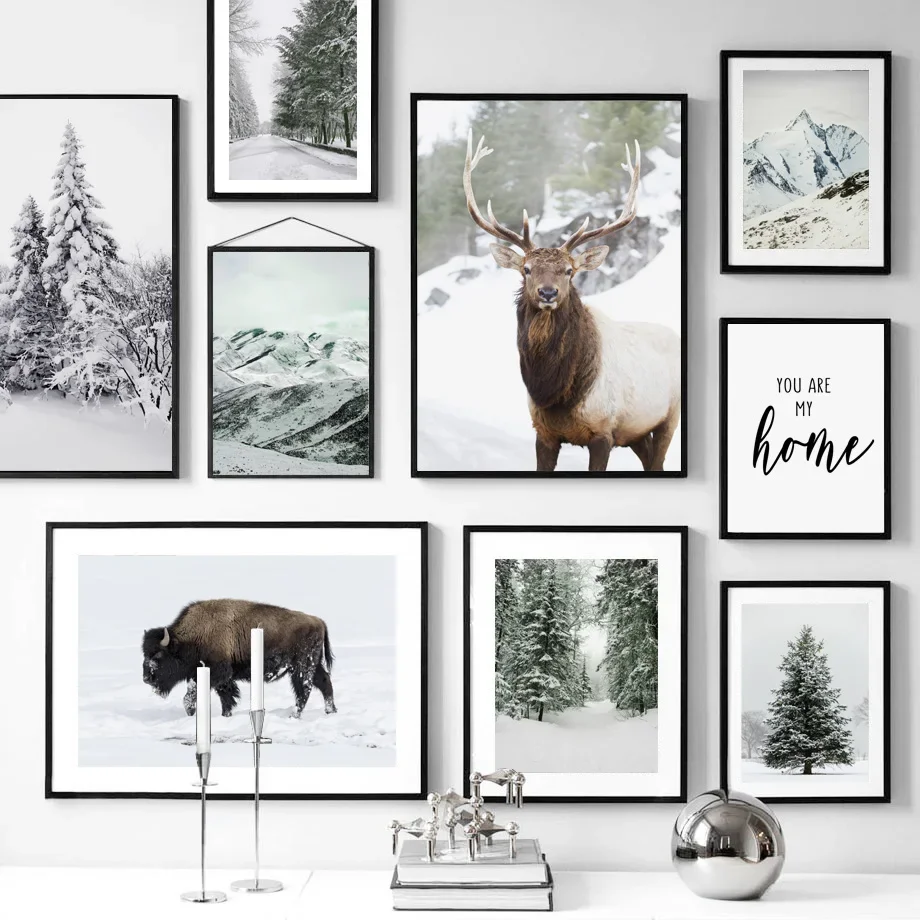 Wall Art Mural Canvas Painting Winter Hill Snow Forest Pine Deer Bison Nordic Posters And Prints Wall Pictures Living Room Decor