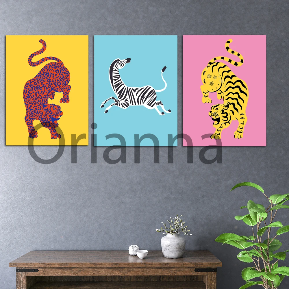 

Bright Animal Art - Pink Tiger Print, Zebra Illustration, Leopard Art, Colourful Poster,Wall Art Canvas Painting Home Decoration